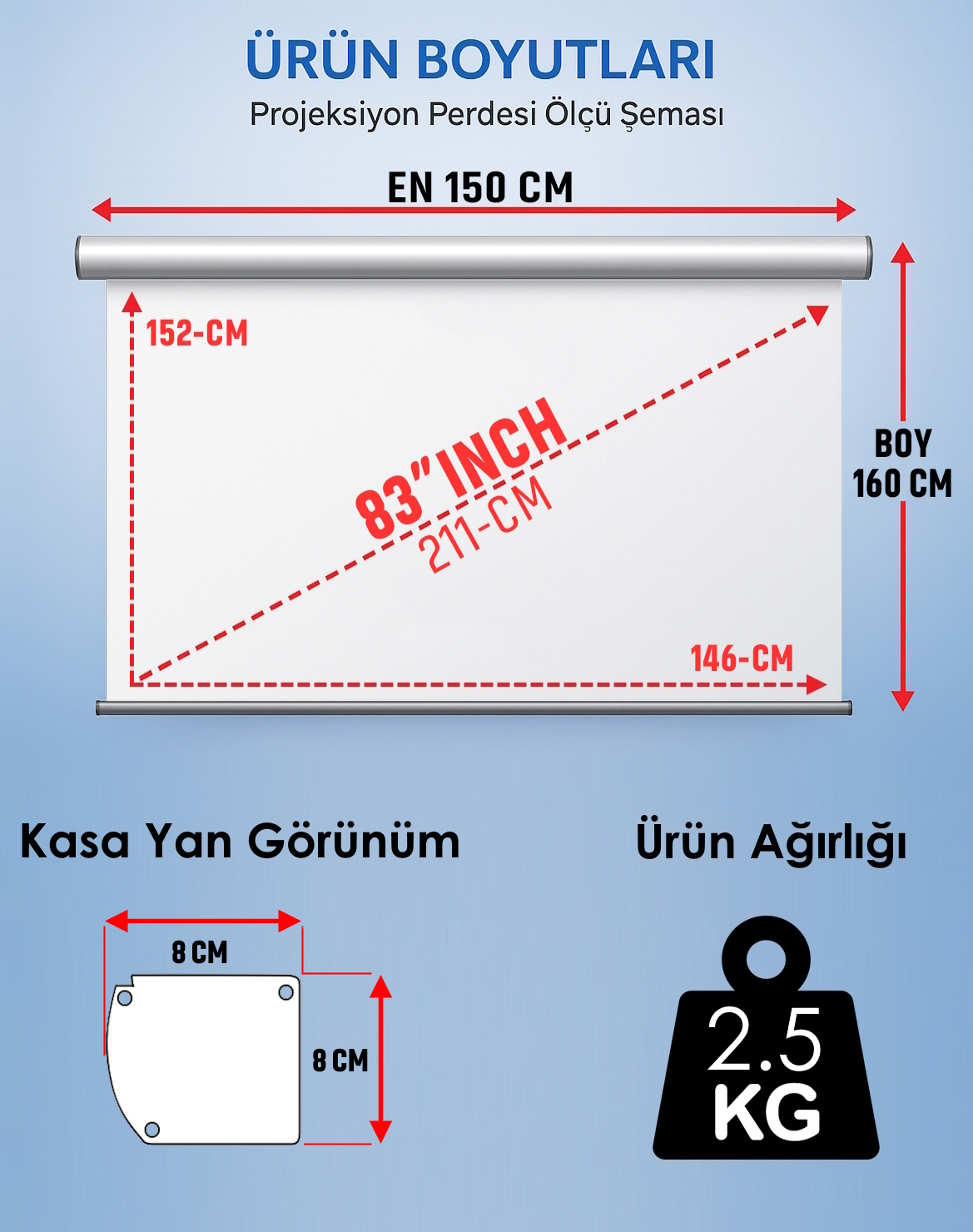 Manuel En 150 cm Boy 160 cm Yeni Akıllı Kumaş Teknolojisi Işık Geçirmez Projeksiyon Perdesi