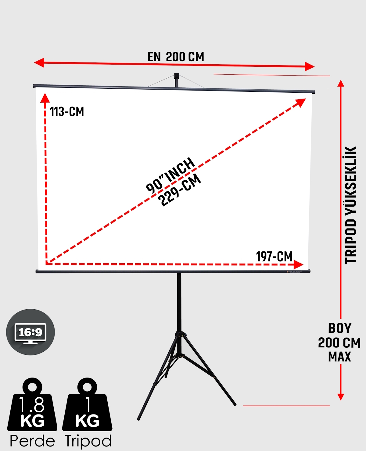 Tripod Ayaklı En 200 cm Boy 115 cm Yeni Akıllı Kumaş Teknolojisi Işık Geçirmez Projeksiyon Perdesi