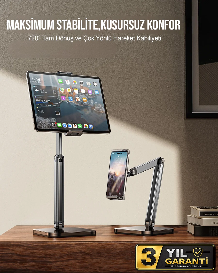 iPad Uyumlu Tablet ve Telefon Tutucu Metal Masa Kelepçeli 360° Stand