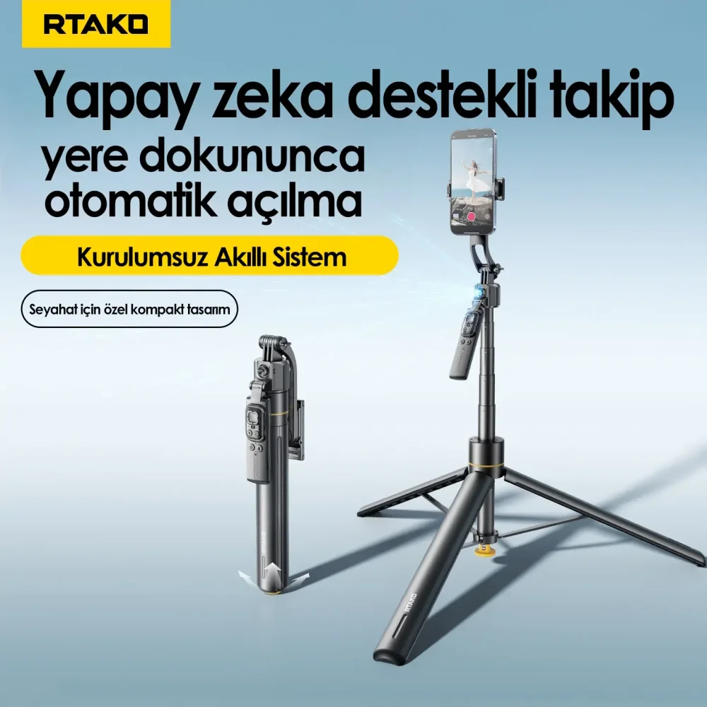 360° Motorlu AI Yüz Takipli Selfie Stick Tripod Bluetooth Kumandalı Şarjlı Telefon Tutucu